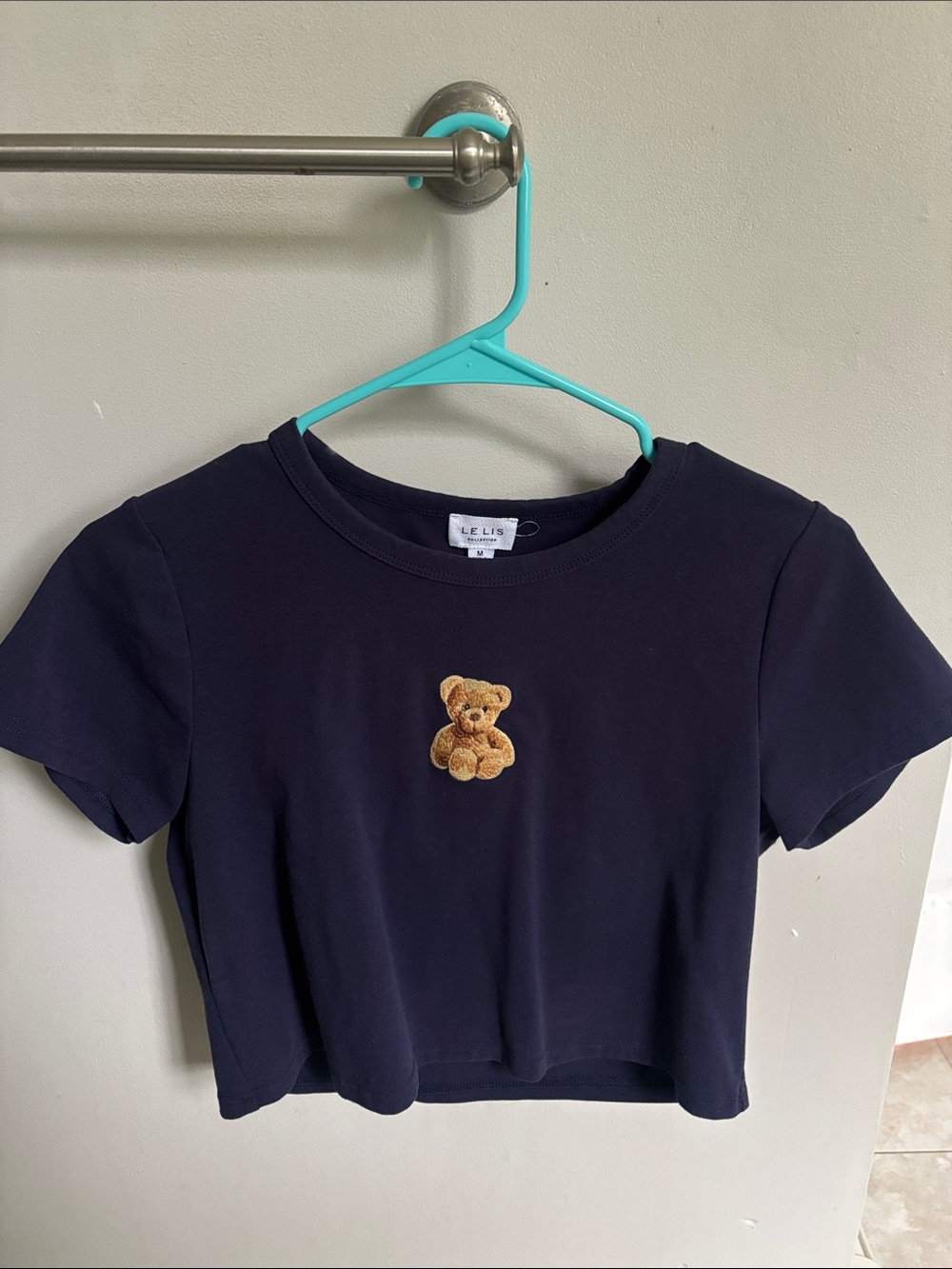 Le Lis Navy Cropped Tee with Teddy Patch